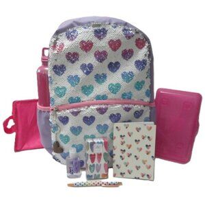 Heart Sequin Backpack Set 10 items (Purple Heart Keychain) NEW